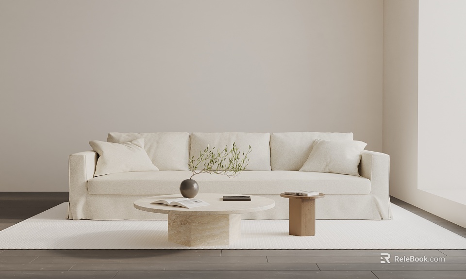 Minimalist Modern Beige Three Seater Sofa With Stone Coffee Table Vase Greenery And Wooden Stool 3d model 