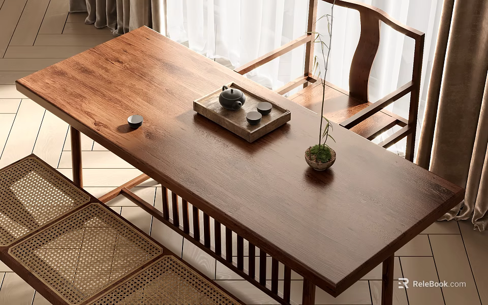 Elegant Modern Wooden Tea Table and Chairs with Tea Set and Potted Plant 3d model 