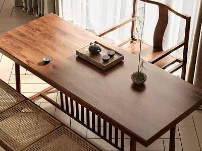 Elegant Modern Wooden Tea Table and Chairs with Tea Set and Potted Plant 3d model