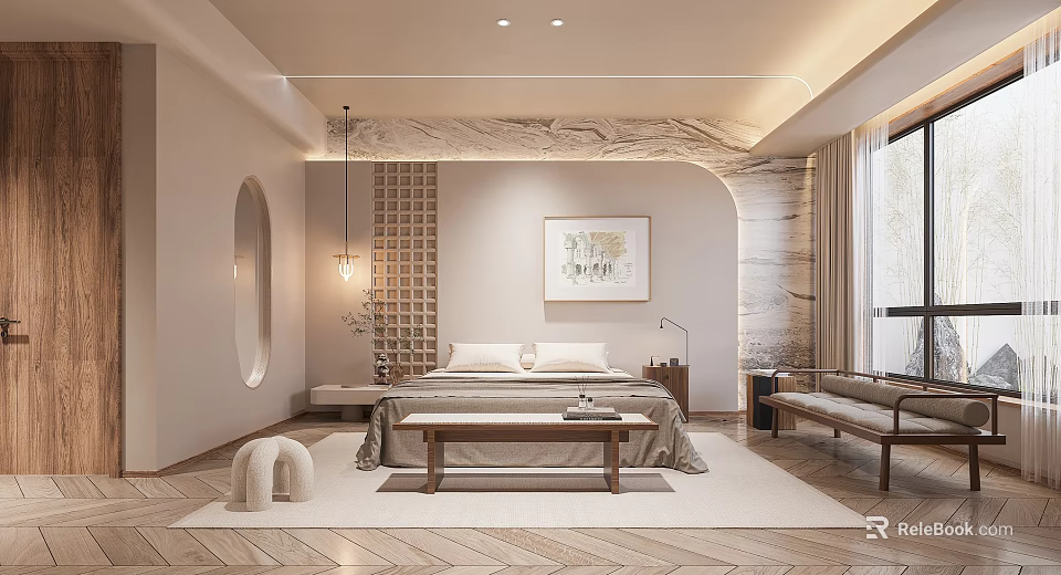 Elegant Bedroom Interior With Marble Wall Painting Area Rug And Window Bench 3d model 