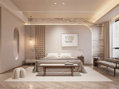 Elegant Bedroom Interior With Marble Wall Painting Area Rug And Window Bench 3d model