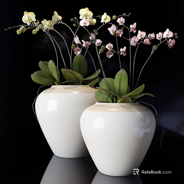 Bonsai Plants in White Ceramic Pots with Pink Flowers and Green Leaves 3d model 
