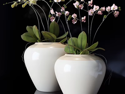 Bonsai Plants in White Ceramic Pots with Pink Flowers and Green Leaves 3d model