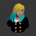 3D Character with Yellow and Blue Gradient Hair Wearing Black Outfit and Gold Buttons