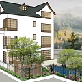 Traditional Chinese Detached Villa With Tile Roof Balconies Mountain Backdrop And Greenery