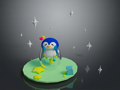 Cute Blue Head Penguin Figure With Yellow Feet On Green Base And Stars 3d model