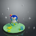 Cute Blue Head Penguin Figure With Yellow Feet On Green Base And Stars