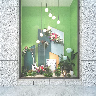 Creative Window Display With Green Backdrop Hanging Bulbs Geometric Shapes Fresh Flowers Guitar And Plants 3d model
