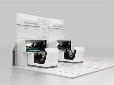 Modern Commercial Equipment Exhibition Booth With Two Interactive Units Featuring Screens And Steering Wheels 3d model