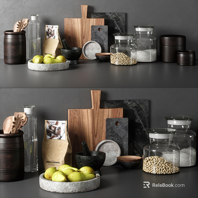 Kitchen Utensils Collection With Glass Storage Jars Wooden Cutting Boards And Fresh Lemons 3d model 