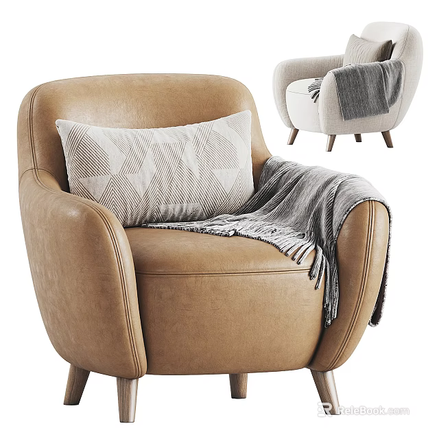 Tan Modern Armchair With Geometric Pattern Cushion And Gray Throw Blanket 3d model