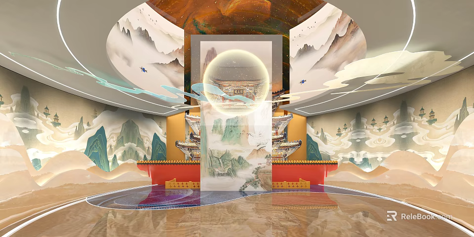 Traditional Chinese Interior Design With Landscape Murals Circular Decor And Red Furniture 3d model 