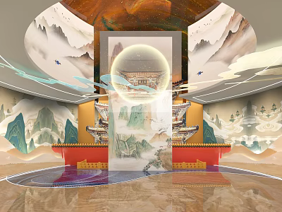 Traditional Chinese Interior Design With Landscape Murals Circular Decor And Red Furniture 3d model