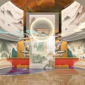 Traditional Chinese Interior Design With Landscape Murals Circular Decor And Red Furniture