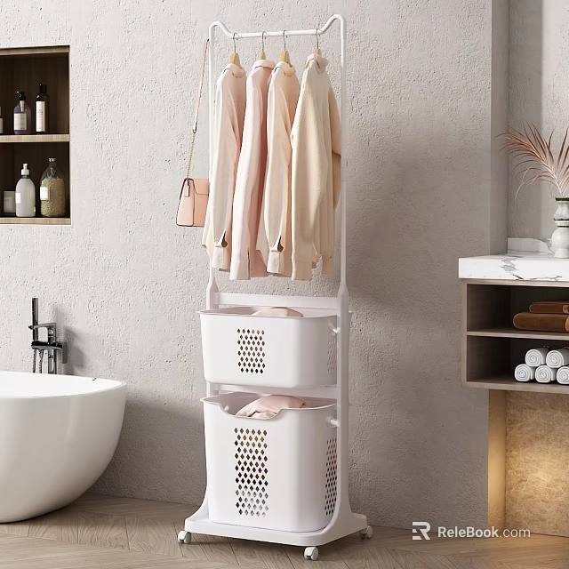 Standing Clothes Hanger in Bathroom with White Laundry Baskets and Hanging Coats Purse 3d model 