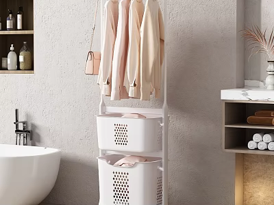 Standing Clothes Hanger in Bathroom with White Laundry Baskets and Hanging Coats Purse 3d model