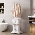 Standing Clothes Hanger in Bathroom with White Laundry Baskets and Hanging Coats Purse