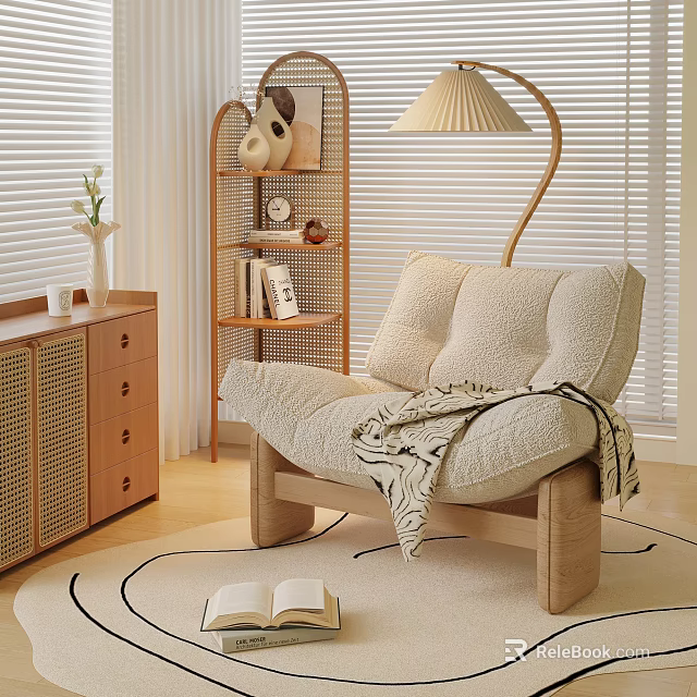 Cozy Lounge Chair with Striped Blanket and Floor Lamp Near Wooden Shelf and Blinds 3d model 