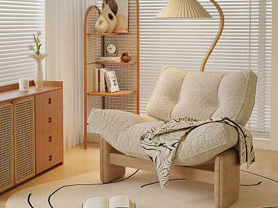 Cozy Lounge Chair with Striped Blanket and Floor Lamp Near Wooden Shelf and Blinds 3d model