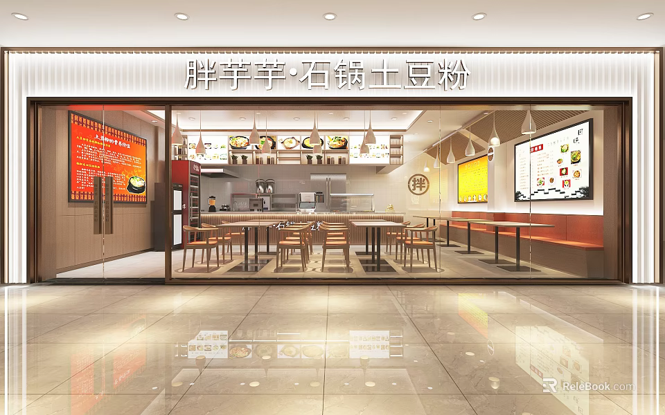Bright Modern Stone Pot Potato Noodles Restaurant Interior With Cozy Dining And Open Serving Counter 3d model 