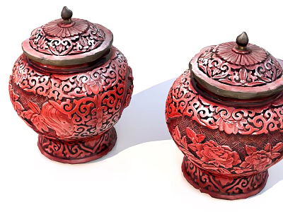 Traditional Red Ceramic Jars With Intricate Carved Patterns And Ornate Lids 3d model