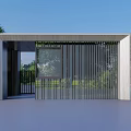 Modern Open Pavilion With Glass Walls Metal Frames Green Trees And Blue Sky Over Lawn
