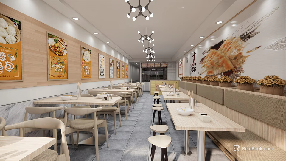 Modern Restaurant Interior Design With Wooden Walls Tables Chairs Pendant Lights And Booth Seating 3d model 