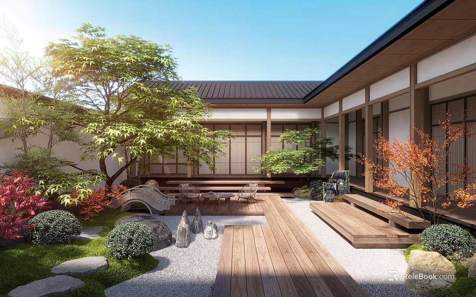 Traditional Courtyard Garden Design With Wooden Deck Gravel Path And Lush Green Plants 3d model 