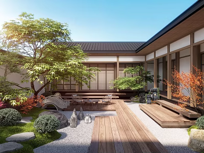 Traditional Courtyard Garden Design With Wooden Deck Gravel Path And Lush Green Plants 3d model