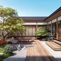 Traditional Courtyard Garden Design With Wooden Deck Gravel Path And Lush Green Plants