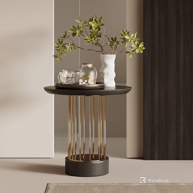 Side Table With Black Top Golden Metal Legs Green Plant White Vase And Glass Jar 3d model 