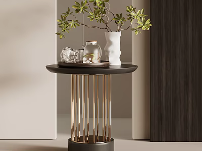 Side Table With Black Top Golden Metal Legs Green Plant White Vase And Glass Jar 3d model