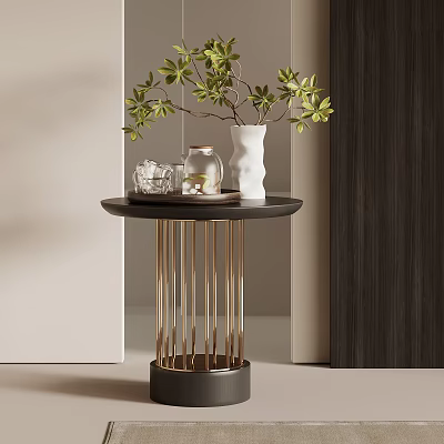 Side Table With Black Top Golden Metal Legs Green Plant White Vase And Glass Jar 3d model