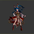 Game and Movie Character With Blue Long Hair Red Gold Outfit and Ornamental Headdress