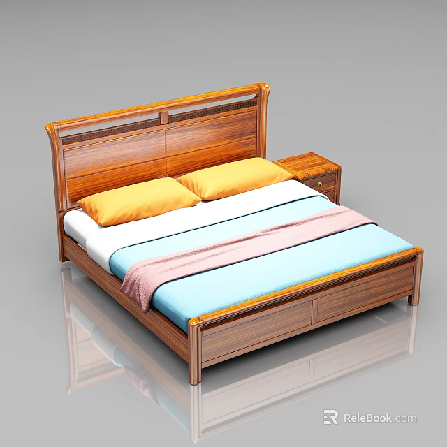 Solid Wooden Double Bed with Carved Headboard Yellow Pillows and Side Nightstand 3d model