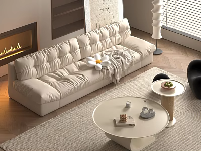 Elegant Modern Beige Sofa With Decorative Flower Throw Blanket And Round Coffee Table Set In Living Room 3d model