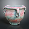Ceramic Clay Pot With Loop Handles And Pink Green Textured Surface 3d model