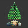 Pixelated Green Christmas Tree In Pot With Colorful Gift Boxes Around