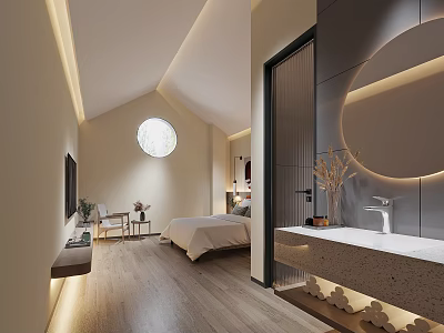 Modern Hotel Room Interior With Round Window Wooden Flooring And Soft Lighting 3d model