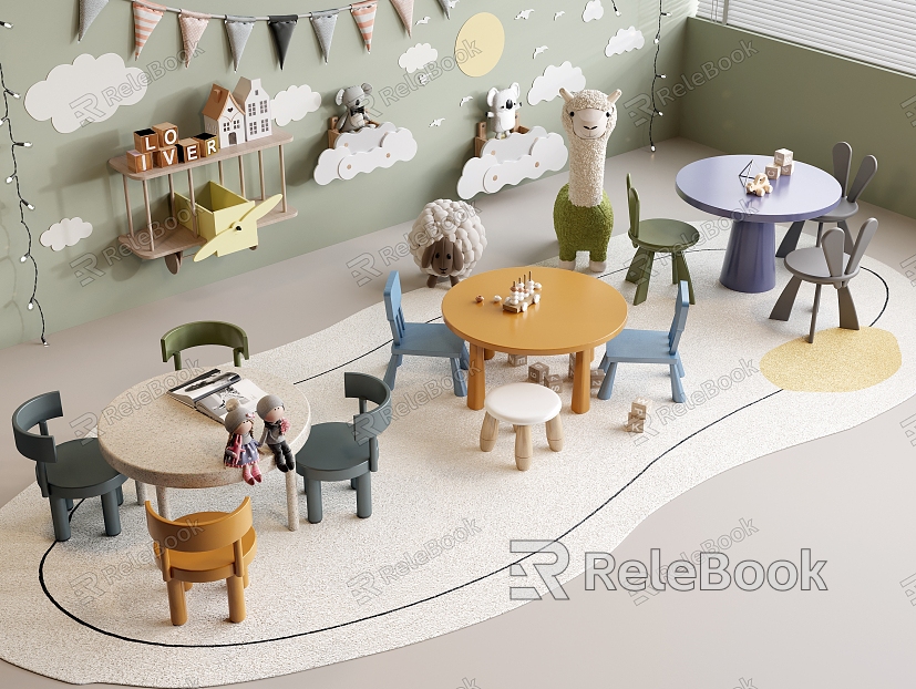 Children's Leisure Table and Chair Combination Children's Play Area Children's Toy Room Educational Toy Plush Doll Doll Wall Decorations Hanging Ornaments Background Wall Lighting Books model