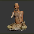 Emaciated Man Statue Sitting on Ground with Tattered Clothes and Wooden Cane Against Gray Background