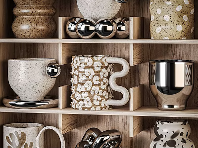Cups With Various Designs Different Colors Patterns On Wooden Shelves And Spherical Decorations 3d model