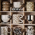 Cups With Various Designs Different Colors Patterns On Wooden Shelves And Spherical Decorations