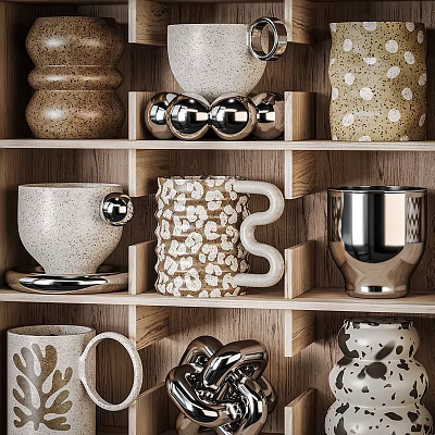 Cups With Various Designs Different Colors Patterns On Wooden Shelves And Spherical Decorations 3d model