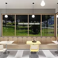 Modern Milk Tea Shop With Glass Facade Display Shelves Tables Chairs And Decorative Lights