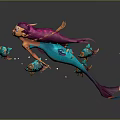 Vibrant Game and Movie Character with Pink Hair Green Body Swimming with Colorful Small Fish