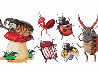Cartoon Insect And Mushroom Silhouette Art With Beetle Ant Ladybug Red Mushroom And Grass 3d model