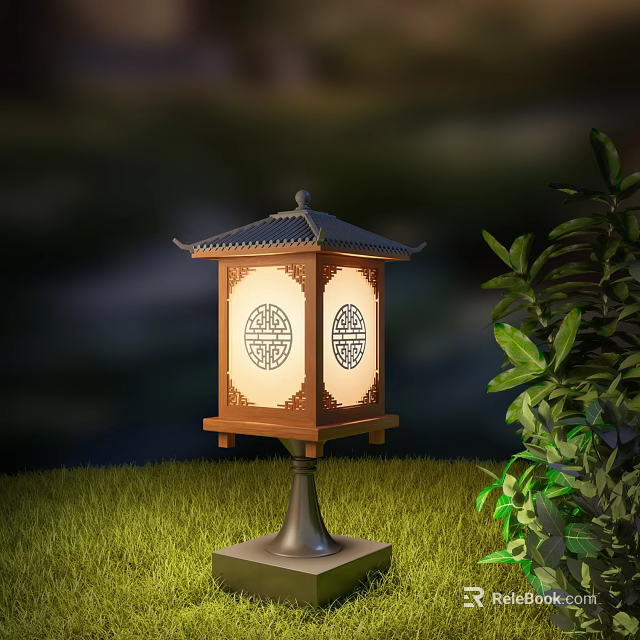 Traditional Chinese Style Wooden Outdoor Lantern With Round Pattern In Garden Grass 3d model 
