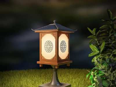 Traditional Chinese Style Wooden Outdoor Lantern With Round Pattern In Garden Grass 3d model