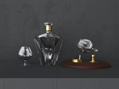 Crystal Tableware Set With Gold Accents Decanter Wine Glasses And Wooden Base 3d model
